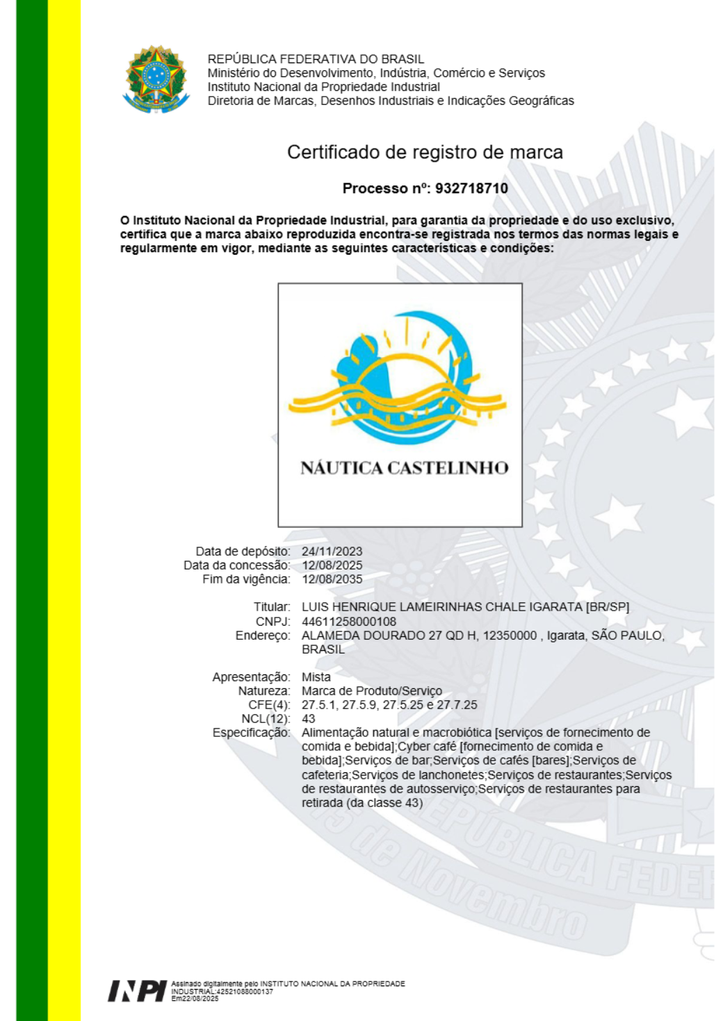 Certificado INPI 932.718.710 — Náutica Castelinho, classe NCL 43