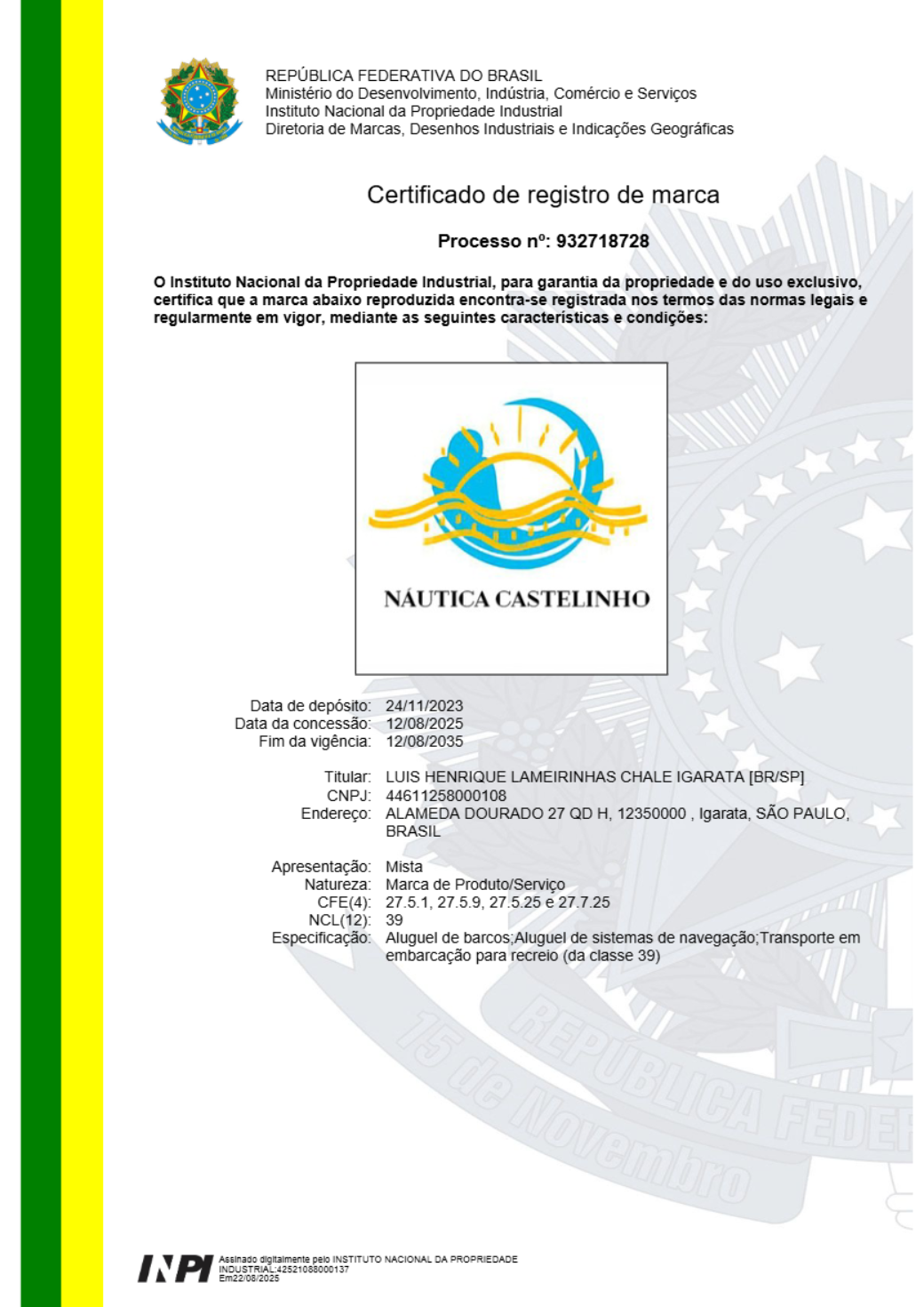 Certificado INPI 932.718.728 — Náutica Castelinho, classe NCL 39